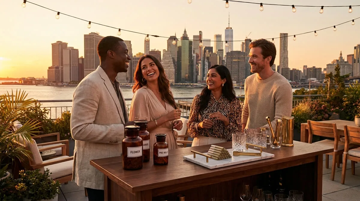A warm golden-hour gathering — friends around a beautifully set table as a SeshPair professional hosts