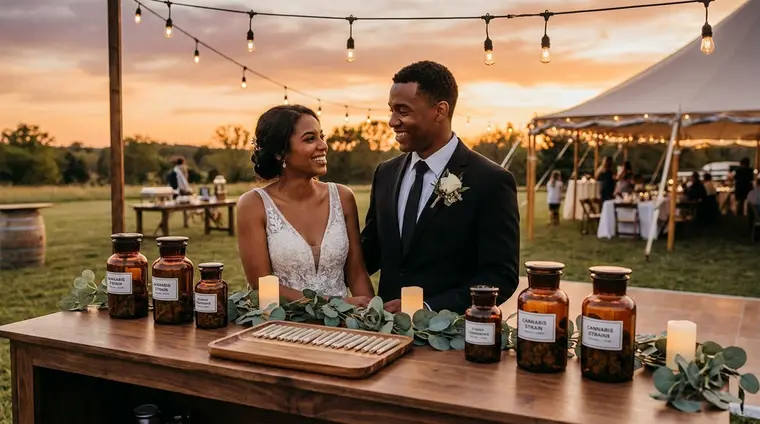 A celebration under a tent at dusk — a curated service table dressed with apothecary jars and candles