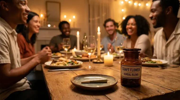 A candlelit dinner table where every guest — including the host — is seated, laughing, cared for