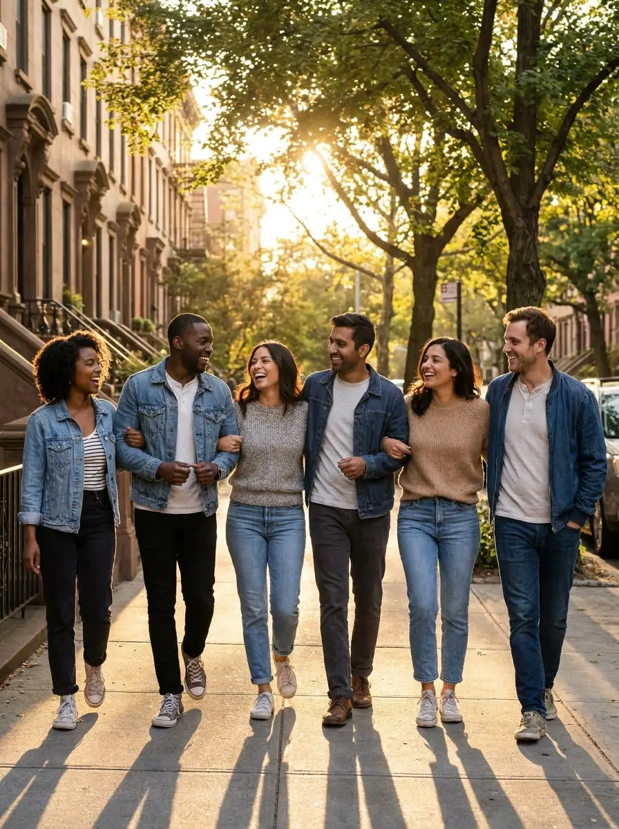 Friends walking arm in arm down a golden-hour brownstone street on a hosted sesh walk