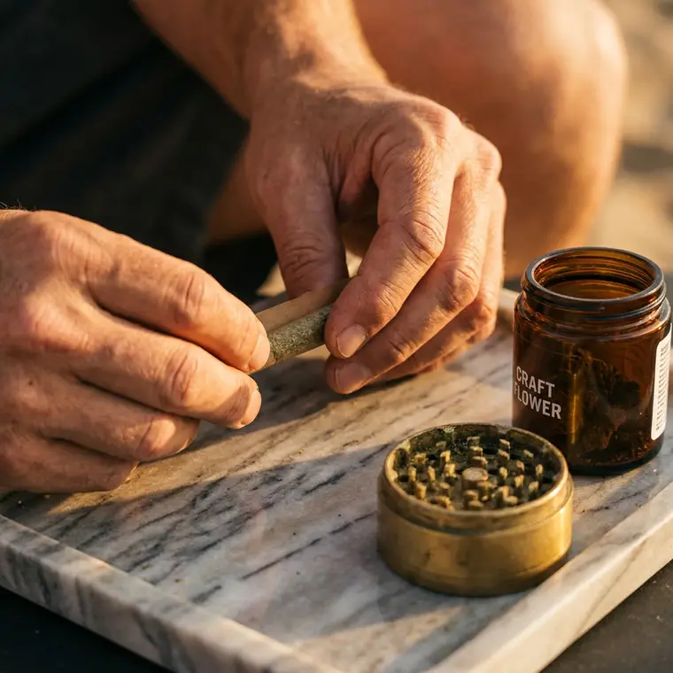 Close-up of practiced hands rolling on a marble board beside a grinder and craft flower jar