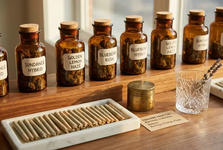 A service tray of hand-rolled pieces beside labeled apothecary jars, ready for the evening